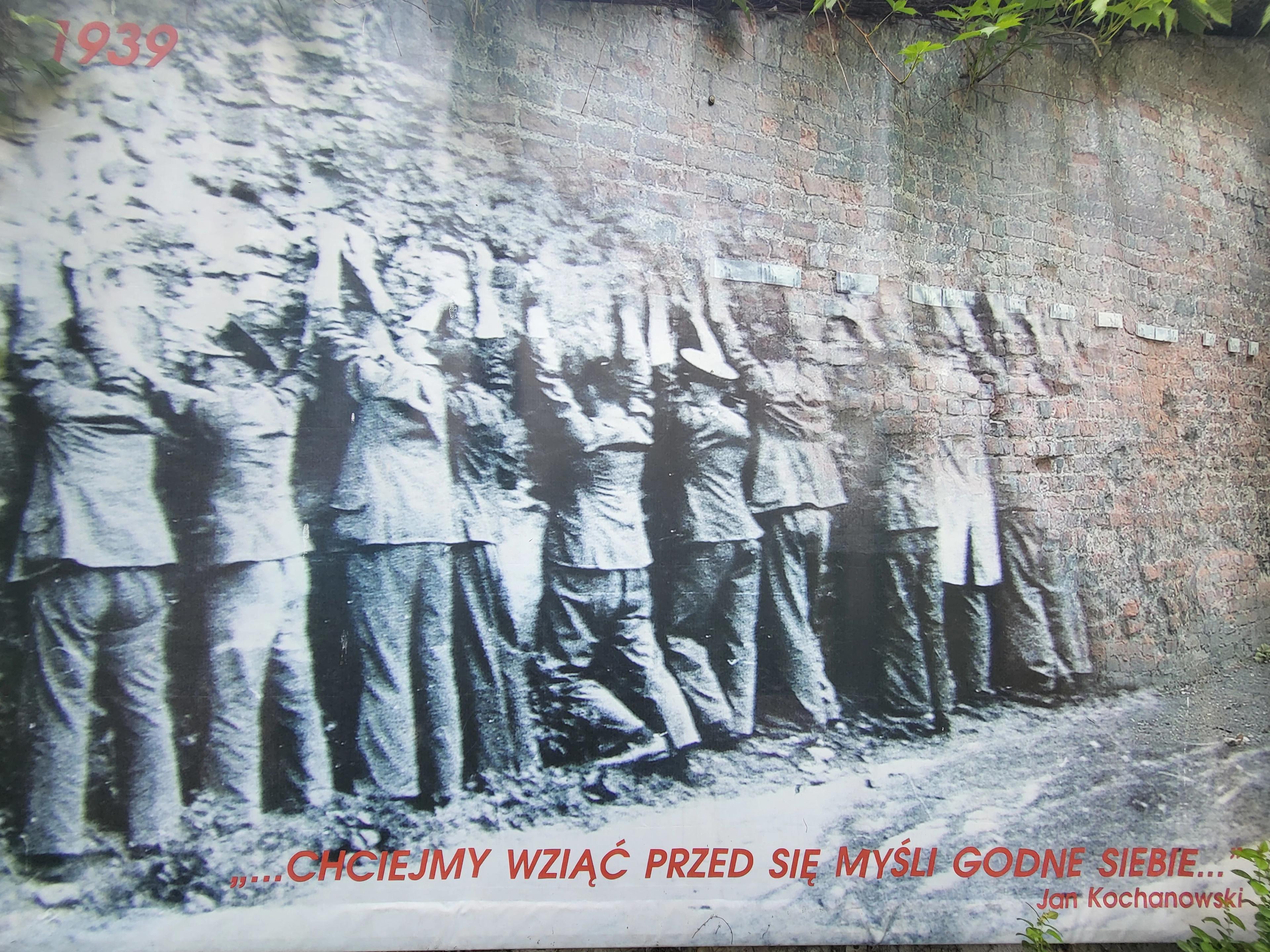 Image of postal workers put up against a wall and the same wall now with symbolic fingerprints